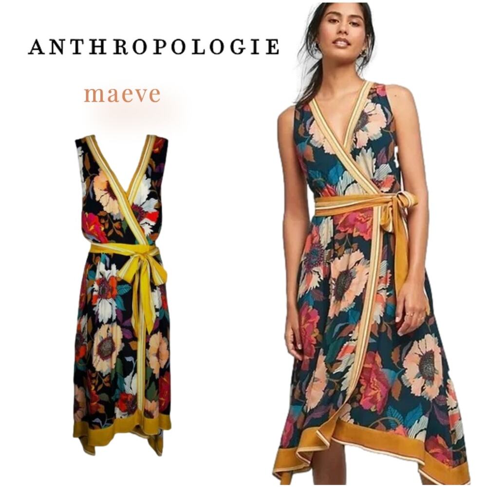 Maeve Anthropologie Vintage Floral Wrap Midi Dress Yellow Trim Size 0 XS